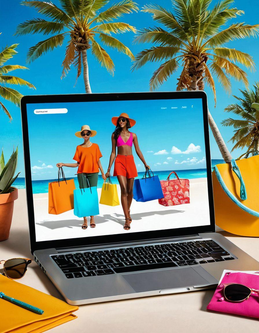 A fashionable summer scene showing a diverse group of people shopping for resort wear on a vibrant e-commerce website displayed on a laptop. Include colorful beachwear, accessories, and summer vibes with palm trees and sunlight. Capture the excitement of online shopping with visible payment icons like credit cards and digital wallets. Emphasize a sense of security and trust in the e-commerce transaction. modern illustration. vibrant colors. bright background.